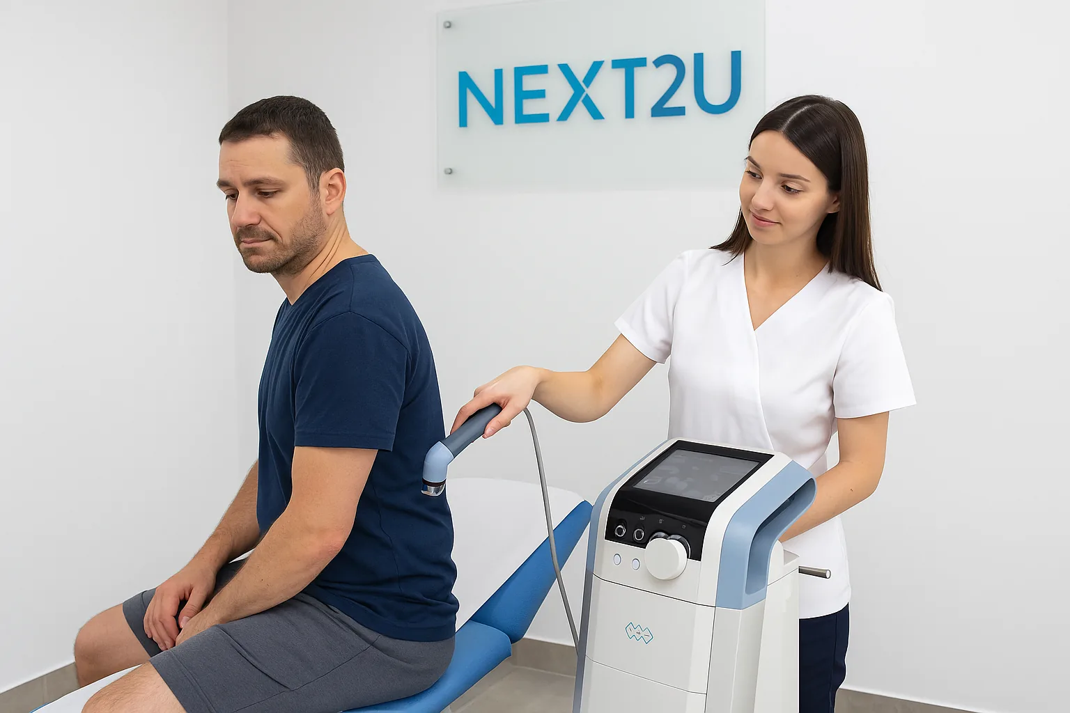 Pacient în tratament de fizioterapie la Next2u Clinic Corbeanca, folosind echipamente moderne BTL